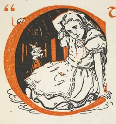 Letra C iluminada com Alice e o coelho branco dentro