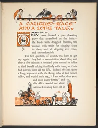 Página de "The Caucus Race and a Long Tale" com uma letra T iluminada e ilustrações de Alice e vários animais.