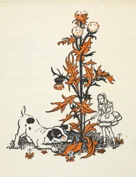 Alice encolhida e o cachorrinho junto a um cardo gigante.