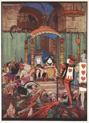 O Rei e a Rainha de Copas no seu trono na corte durante o julgamento do Valete de Copas.