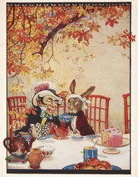 A Festa do Chá do Chapeleiro Louco. O Chapeleiro Louco a beber chá e a comer bolo com a Lebre Louca de março e o Arganaz.