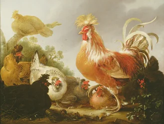 Galo e galinhas numa paisagem, 1649