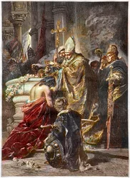 O Baptismo de Santo Estêvão (c970-1038), Santo e Primeiro Rei da Hungria - baptizado por Santo Adalbert de Praga Depois de uma obra de Gyula Benczur - O príncipe húngaro Vajk é baptizado por Santo Adalbert de Praga e toma o nome de Estêvão (Santo Estêvão I