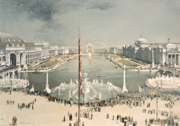 A exposição de mundos colombianos, olhando para o leste de MacMonnies Fountain em direção ao Tribunal de honra e Grand Basin, Chicago, Illinois, 1893