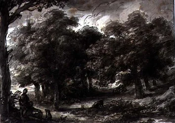 Paisagem arborizada, com figuras