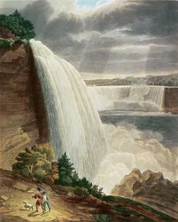 Cataratas do Niágara, parte da queda americana do pé do caso da escada, gravada por J. Hill, pub. por HLMegarcy (gravura a cores)