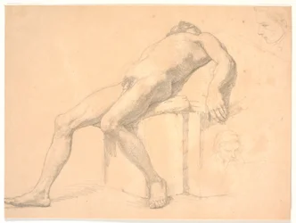 Estudo de modelo masculino, nu, reclinado. º. duas cabeças de retrato, uma possivelmente Constantin Hansen