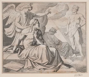 Folha alegórica. Um anjo põe a mão no ombro de um homem e aponta para uma estátua