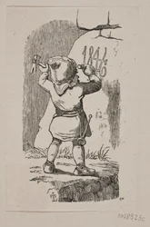 Um goblin esculpe o ano de 1846 em uma rocha