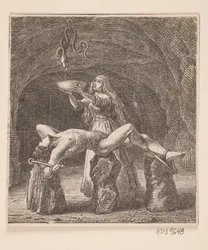 Sigyn segura a tigela entre a serpente e Loki