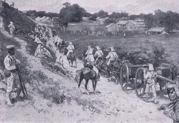 A expedição do Almirante Seymour: Tropas japonesas em marcha (litho)