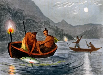 Nativos americanos pescando à luz de tochas na América do Norte, 1813