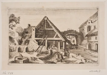 Interior da cidade com celeiro e nascimento de Jesus