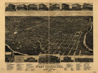 Mapa de perspectiva não desenhado em escala. Vista aérea. LC Panoramic maps (2ª ed.), 910 Disponível também no site da Library of Congress como imagem raster. Inclui ilustração, índice de pontos de interesse e mapa das instalações ferroviárias de Fort Wort