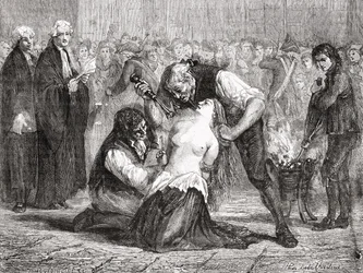 A Tortura de Madame de la Motte, gravada por Meyer-Heine, de "Histoire de la Revolution Française" de Louis Blanc (1811-82)