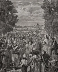 As mulheres marcham sobre Versalhes, de 5 a 6 de outubro de 1789, gravadas por Pannemaker-Ligny, de "Histoire de la Revolution Française", de Louis Blanc (1811-82)