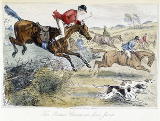 Cena de caça, desenho animado inglês sobre caça à raposa, tirado das "aventuras de Thomas Scott, ou Hawbuck Grange", ilustração de H.K. Browne e W.T. Maud.