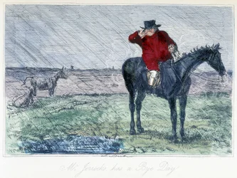 Cena de caça ao cavalo num dia de chuva. Caricatura inglesa sobre a caça à raposa das "aventuras de Thomas Scott ou Hauwbuck Grange", ilustração de H.K. Browne e W.T. Maud.
