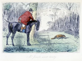 Cena de Caça aos Cavalos. Desenho animado inglês sobre caça à raposa da ilustração de "Adventures of Thomas Scott or Hawbuck Grange" de H.K. Browne e W.T. Maud.