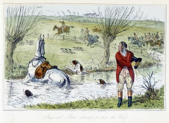 O Hunter e o seu cavalo caem num pátio de água. Caricatura inglesa sobre a caça à raposa das "aventuras de Thomas Scott ou Hawbuck Grange", ilustração de H.K. Browne e W.T. Maud.