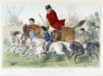 Cena de caça, caricatura inglesa sobre desenhos de caça à raposa de "aventuras de Thomas Scott ou Hawbuck Grange", ilustração de H.K. Browne e W.T. Maud.