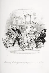 Emoção do Sr. Kenwigs ao ouvir as notícias da família de Nicholas, ilustração de "Nicholas Nickleby", de Charles Dickens (1812-1870), publicada em 1839 (ver também 259138)