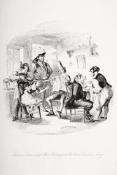 Grande emoção da senhorita Kenwigs na loja de cabeleireiro, ilustração de `Nicholas Nickleby &39;por Charles Dickens (1812-1870) publicado em 1839 (lito)