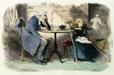 Jo vassoura de cruzamento, ilustração de &39;Bleak House&39; por Charles Dickens (1812-1870) 1853 (gravura de cor)