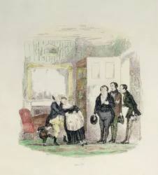 Sr. Pickwick é encontrado por seus amigos com a Sra. Bardell em seus braços, ilustração de &39;Pickwick Papers&39; por Charles Dickens (1812-1870) 1837 (gravura colorida)