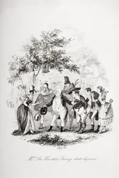 O desenho de fantasia de Mrs. Leo Hunter, ilustração de "The Pickwick Papers", de Charles Dickens (1812-1870), publicado em 1837