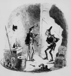 Nicholas instrui Smike na arte de atuar, ilustração de "Nicholas Nickleby" de Charles Dickens (1812-1870) publicado em 1839 (lito)