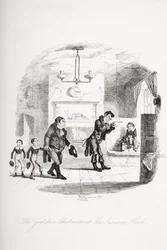 O professor de Yorkshire na cabeça do sarraceno, ilustração de `Nicholas Nickleby &39;por Charles Dickens (1812-1870) publicou 1839