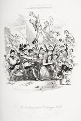 O &39;rompimento&39; no Dotheboys Hall, ilustração de `Nicholas Nickleby &39;por Charles Dickens (1812-1870) publicou 1839