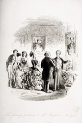 Os retratos de família na ilustração de Bayham Badger, de "Bleak House", de Charles Dickens (1812-1870), publicaram 1853 (lito)