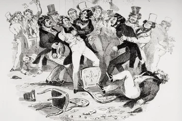 A última briga entre Sir Mulberry e seu aluno, ilustração de "Nicholas Nickleby", de Charles Dickens (1812-1870), publicou 1839 (lito) (ver também 249150)