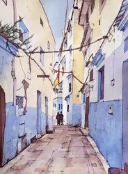 Um passeio tranquilo, Chefchaouen, Marrocos, c.2024 (aguarela e tinta)