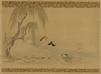 Mulher esticando pano para secar, duas crianças brincando, período Edo, final do século XVII e início do século XVIII.