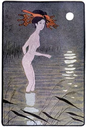 Jovem japonês a tomar banho num lago ao luar - em "boneca japonesa" de Félicien Champsaur, doente. Hanafusa Itcho, Paris