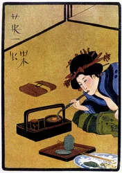 Jovem japonês à espera de uma visita enquanto fuma ópio - em "boneca japonesa" de Félicien Champsaur, doente. Hanafusa Itcho, Paris