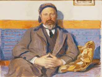Um retrato do marido do artista George Pauli sentado em um sofá,