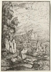 Paisagem com uma estrada para um castelo em uma ilha em um rio, 1554.