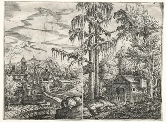 Paisagem com a cidade em um rio e o chalé entre árvores, 1551.