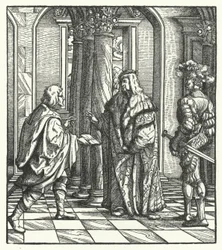Arquiduque Maximiliano da Áustria recebendo o acordo de Maria da Borgonha para a sua proposta de casamento (gravura)