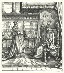 Carlos o Negrito, Duque de Borgonha, com sua filha Maria, que mais tarde casou com o futuro Santo Imperador Romano Maximiliano I em 1477 (gravura)