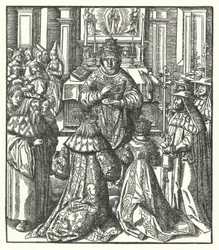 O Santo Imperador Romano Frederico III e a Imperatriz Eleanor recebendo a Sagrada Comunhão do Papa (gravura)