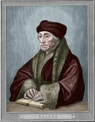 Retrato de Didier Erasme (Erasmus de Roterdão) (1469 - 1536), humanista holandês. Gravura após o original de Holbein Hans, o Jovem (1497-1543). Gravura de 1859 em "as galerias da Europa - Itália" por armengaud. Coleção privada.
