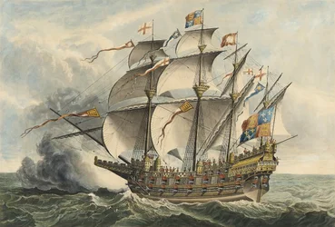 The Great Harry O primeiro navio de guerra que transportava armas, construído em Woolwich no reinado de Henrique VIII