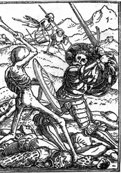 A morte simulada de Hans Holbein, o Jovem (1497-1543): o soldado. Um soldado luta contra a morte; aos seus pés jazem os corpos de outros guerreiros. A gravura.