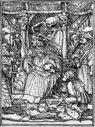 Os simulacros da morte de Hans Holbein, o Jovem (1497-1543): o imperador. Enquanto a morte tira a coroa do imperador, um camponês lhe implora por justiça. A gravura.