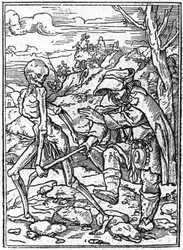 Os simulacros da morte de Hans Holbein, o Jovem (1497-1543): o cego. A morte agarra o pau do cego e age como um guia. A gravura.